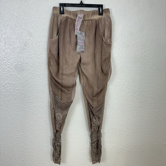 Pretty Angel Pant Women Pull On Tapered Linen Blend Artsy Boho Lace Whimsy M - Picture 1 of 11